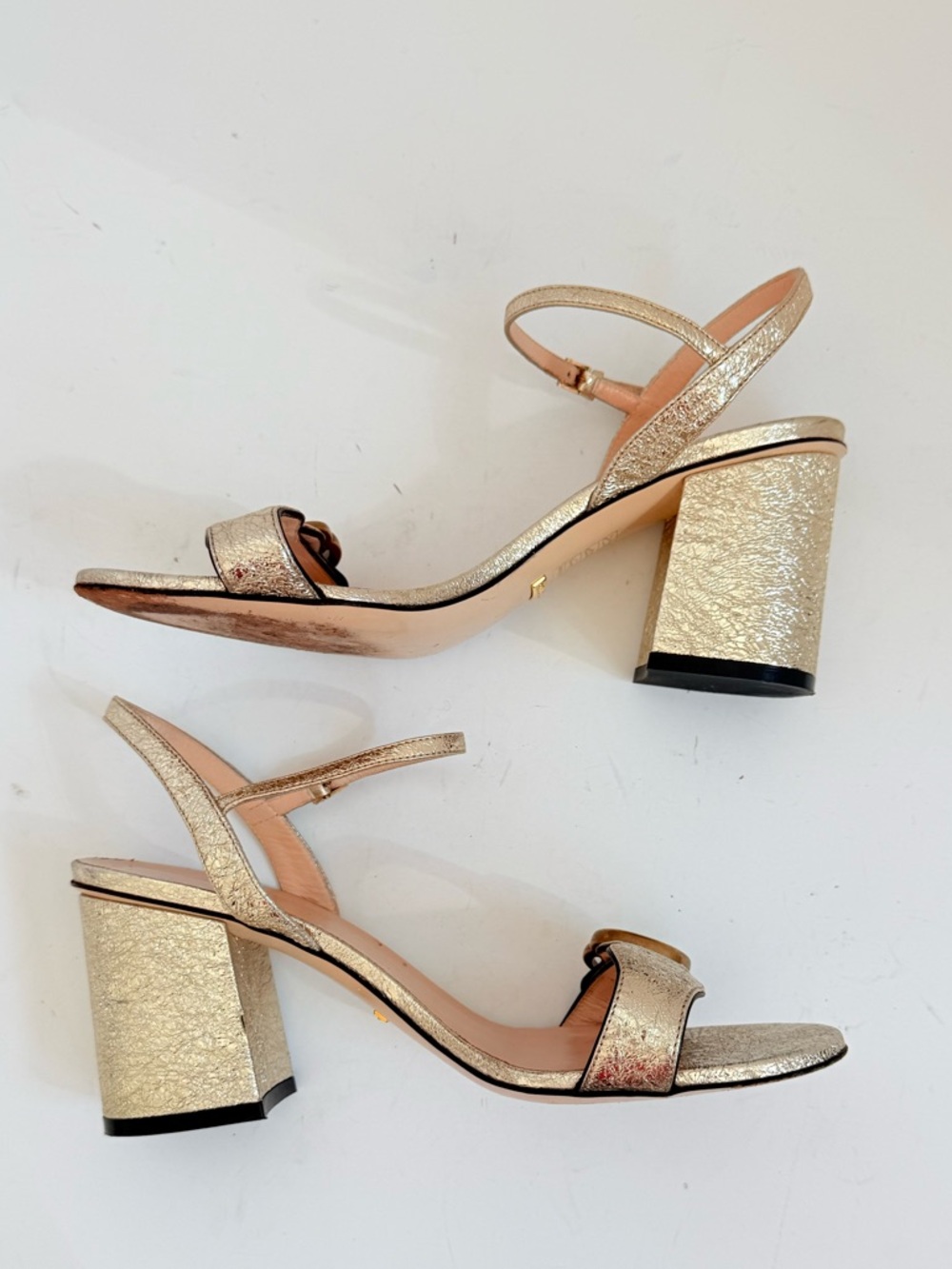 Gucci Metallic Gold Laminate leather GG Marmont Mid heel sandals EU 37.5 US 7.5 - Picture 6 of 10